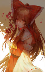 Rule 34 | 1girl, arm at side, arm up, armpit crease, ascot, bow, branch, bright pupils, brown hair, cherry blossoms, cowboy shot, detached sleeves, expressionless, hair between eyes, hair bow, hair tubes, hakurei reimu, head tilt, holding, holding branch, long hair, looking at viewer, ponytail, red eyes, red skirt, red vest, ribbon-trimmed sleeves, ribbon trim, saphira033, simple background, skirt, solo, touhou, twig, two-tone background, very long hair, vest, white pupils, yellow ascot