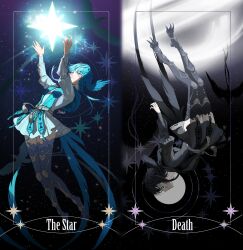 Rule 34 | 2girls, arms up, belt, bird, bird girl, bird legs, bird tail, bird wings, black capelet, black dress, black eyes, black hair, black tears, blue capelet, blue dress, blue eyes, blue hair, buljumeok ishutal, capelet, card (medium), contrast, death (tarot), dress, falling, feathered wings, final fantasy, final fantasy xiv, floating, from side, full body, glowing, grin, halo, head wings, highres, long sleeves, looking at viewer, looking up, meteion, monster girl, multiple girls, outstretched arms, rotational symmetry, short hair, signature, sky, smile, star (sky), star (symbol), starry sky, tail, talons, tarot, tarot (medium), tassel, tears, the star (tarot), upside-down, wings