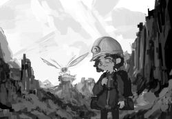 Rule 34 | 1girl, absurdres, backpack, bag, black hair, bug, child, curly hair, dronovbiotex, expedition uniform, giant, giant monster, hat, headlamp, highres, jacket, landscape, looking to the side, monochrome, mountain, russia, serious, sketch, sky, standing, white sky