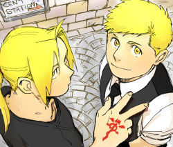 Rule 34 | 2boys, alphonse elric, antenna hair, black shirt, blonde hair, brothers, edward elric, english text, expressionless, fingernails, flamel symbol, fullmetal alchemist, happy, long hair, looking at viewer, looking up, male focus, multiple boys, necktie, nore (boosuke), ponytail, shirt, short hair, siblings, sign, smile, standing, upper body, v, waistcoat, white shirt, yellow eyes