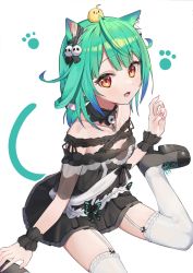 Rule 34 | 1girl, :d, animal, animal ear fluff, animal ears, animal on head, bare shoulders, bird, black dress, black footwear, black ribbon, blue hair, blush, bow, breasts, cat ears, cat girl, cat tail, chick, commentary request, dress, ear ribbon, fang, garter straps, gothic lolita, gradient hair, green hair, hand up, hololive, kemonomimi mode, lolita fashion, long hair, looking at viewer, multicolored hair, nail polish, off-shoulder dress, off shoulder, on head, open mouth, pink nails, pleated dress, red eyes, ribbon, shoes, simple background, sitting, small breasts, smile, solo, syhan, tail, thighhighs, uruha rushia, uruha rushia (3rd costume), virtual youtuber, wariza, white background, white thighhighs, wrist cuffs