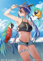 Rule 34 | 1girl, arknights, arm up, armpits, bare arms, bare shoulders, bikini, bird, black bikini, blue hair, blue shorts, blue sky, ch&#039;en (arknights), ch'en (arknights), cloud, collarbone, cowboy shot, dated, day, dragon horns, female tourist c (arknights), highres, horns, liangwoyao, long hair, looking to the side, micro shorts, navel, official alternate costume, open fly, parrot, parted lips, red eyes, shorts, sky, solo, standing, stomach, sunglasses, swimsuit, thigh strap, thighs, very long hair, visor cap, weibo logo, weibo watermark
