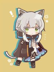Rule 34 | !, 1girl, animal ear fluff, animal ears, arknights, black gloves, blush, blush stickers, cat ears, cat girl, cat tail, closed mouth, commentary request, dress, fingerless gloves, full body, gloves, green eyes, highres, hood, jacket, long hair, looking at viewer, mom2, rosmontis (arknights), silver hair, simple background, solo, standing, tail, yellow background