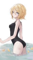 Rule 34 | 1girl, ass, blonde hair, blue eyes, blush, breasts, covered erect nipples, elpuchi, food, fruit, hair ornament, hairclip, highres, kagamine rin, looking at viewer, looking back, one-piece swimsuit, orange (fruit), orange slice, short hair, small breasts, smile, solo, swimsuit, vocaloid, water, water drop, wet