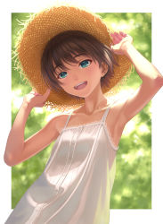Rule 34 | 1girl, :d, aqua eyes, armpits, arms up, backlighting, bare arms, bare shoulders, blurry, blurry background, border, brown hair, buttons, collarbone, commentary request, dress, hands on headwear, hat, highres, idolmaster, idolmaster (classic), kikuchi makoto, lace, lace-trimmed dress, lace trim, lipstick, looking at viewer, makeup, nekopuchi, open mouth, outside border, pink lips, short hair, sleeveless, sleeveless dress, smile, solo, straw hat, sundress, teeth, upper body, upper teeth only, white border, white dress, yellow hat