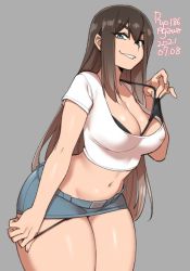 Rule 34 | 1girl, 2021, agawa ryou, breasts, brown hair, cleavage, dated, grey background, grin, huge breasts, long hair, looking at viewer, naughty face, original, simple background, smile, solo, thick thighs, thighs, very long hair