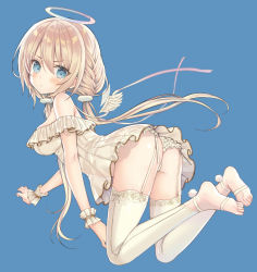 Rule 34 | 1girl, ass, bare shoulders, blue background, breasts, detached wings, dress, feathered wings, full body, garter straps, leggings, light brown hair, long hair, looking at viewer, looking to the side, low twintails, medium breasts, mini wings, off-shoulder dress, off shoulder, original, panties, see-through, see-through silhouette, simple background, soles, solo, thighhighs, twintails, underwear, very long hair, white dress, white leggings, white panties, white thighhighs, white wings, wings, wrist cuffs, yuuki rika