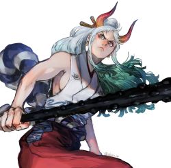 Rule 34 | &gt;:(, 1girl, aqua hair, arms at sides, bare arms, bare shoulders, breasts, closed mouth, club, club (weapon), curled horns, earrings, fingernails, floating hair, from below, frown, green hair, grey hair, hair ornament, hair stick, hakama, hakama skirt, high ponytail, highres, holding, holding weapon, horns, japanese clothes, jewelry, kanabou, kimono, long hair, looking to the side, multicolored hair, multicolored horns, one piece, oni, orange horns, red eyes, red horns, rope, shimenawa, shiso i4, sideboob, sidelocks, simple background, skirt, sleeveless, sleeveless kimono, solo, v-shaped eyebrows, weapon, white background, yamato (one piece)