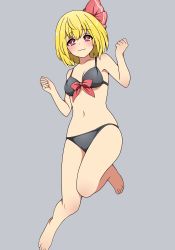 Rule 34 | 1girl, :3, absurdres, barefoot, bikini, black bikini, blonde hair, blush, bow, bow bikini, breasts, bright pupils, closed mouth, collarbone, commentary request, feet, front-tie top, full body, grey background, hair ribbon, highres, looking at viewer, medium breasts, navel, red eyes, red ribbon, ribbon, rumia, short hair, simple background, solo, suwaneko, swimsuit, touhou