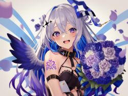 Rule 34 | :d, amane kanata, amane kanata (another world), angel, angel wings, arm tattoo, birthday, blue hair, bouquet, collar, colored inner hair, double bun, flower, grey hair, hair between eyes, hair bun, highres, hololive, long hair, looking at viewer, multicolored hair, open mouth, purple eyes, sleeveless, smallpine 7, smile, strapless, tattoo, tube top, upper body, virtual youtuber, wings