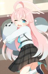 Rule 34 | 1girl, absurdres, blue archive, blue shirt, highres, holding, hoshino (blue archive), one eye closed, open mouth, pink hair, sacabambaspis, shirt, skirt, striped clothes, striped skirt, stuffed animal, stuffed toy, u inu udon