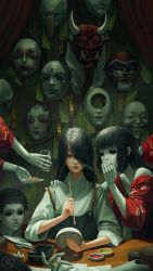 Rule 34 | 1girl, 3others, black hair, cookie, food, glass, hair over one eye, highres, mannequin, mask, multiple others, oni mask, original, painting (action), plate, whispering, xiaofanchuanart