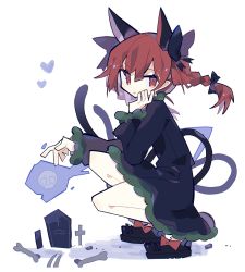 Rule 34 | 1girl, animal ears, black bow, black dress, black footwear, bone, bow, braid, cat ears, commentary, cross, dress, extra ears, floating skull, footwear bow, full body, hair bow, hand on own cheek, hand on own face, hand up, hatsushiro mamimu, heart, highres, kaenbyou rin, long hair, long sleeves, looking at viewer, multiple tails, pointy ears, red bow, red eyes, red hair, shoes, simple background, solo, squatting, tail, tombstone, touhou, twin braids, twintails, two tails, white background