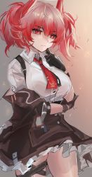 Rule 34 | 1girl, animal ears, arknights, arm under breasts, bird ears, black gloves, black skirt, breasts, brown background, collared shirt, cowboy shot, dress shirt, fiammetta (arknights), gloves, highres, kaguura (kagu), large breasts, necktie, red eyes, red hair, red necktie, shirt, short hair, simple background, skirt, solo, thighs, white shirt