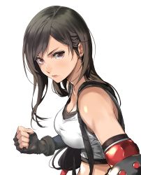 Rule 34 | 1girl, bare shoulders, black gloves, black hair, breasts, brown eyes, cleavage, clenched hand, closed mouth, collarbone, crop top, earrings, elbow pads, enami katsumi, final fantasy, final fantasy vii, final fantasy vii remake, fingerless gloves, gloves, highres, jewelry, long hair, looking at viewer, low-tied long hair, midriff, serious, shirt, simple background, solo, suspenders, suspenders gap, tank top, taut clothes, taut shirt, tifa lockhart, upper body, white background, white tank top