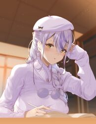 Rule 34 | 1girl, absurdres, alternate costume, beret, blurry, blurry background, blush, book, braid, breasts, ceiling, commentary request, expressionless, glasses, hair between eyes, hair over one eye, hand in own hair, hat, highres, holding, holding pen, indoors, kohaku yuri, large breasts, long bangs, long hair, long sleeves, looking at viewer, multicolored hair, nanashi inc., open book, open mouth, pen, purple-tinted eyewear, purple hair, round eyewear, sankyo (821-scoville), single braid, solo, streaked hair, sweater, tinted eyewear, two-tone hair, unworn eyewear, upper body, virtual youtuber, white hair, white hat, white sweater, yellow eyes