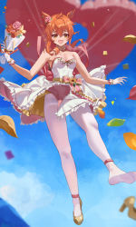 Rule 34 | 1girl, :d, absurdres, animal ears, bare shoulders, blue sky, blush, bouquet, breasts, bride, day, dress, feipin zhanshi, flower, hair flower, hair ornament, heart, heart-shaped parachute, highres, holding, holding bouquet, horse ears, horse girl, mayano top gun (sunlight bouquet) (umamusume), mayano top gun (umamusume), medium breasts, open mouth, orange hair, outdoors, pantyhose, parachute, petals, pink flower, pink rose, red flower, red rose, rose, shoes, short dress, single shoe, sky, sleeveless, sleeveless dress, smile, solo, strapless, strapless dress, umamusume, unworn shoe, unworn shoes, wedding dress, white dress, white pantyhose, yellow eyes