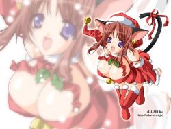 Rule 34 | animal ears, bell, boots, bow, breasts, brown hair, cat ears, cat tail, christmas, dress, elbow gloves, gloves, hat, large breasts, purple eyes, ribbon, santa costume, tail, thighhighs