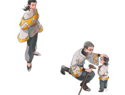 Rule 34 | 2boys, age comparison, black footwear, black hair, black pants, book, cane, glasses, grey hair, guan xuan (the legend of luoxiaohei), highres, long hair, long sleeves, multiple boys, multiple views, otjmohu, pan jing (the legend of luoxiaohei), pants, pointy ears, shoes, short hair, simple background, luo xiaohei zhanji, white background, wide sleeves
