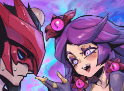 Rule 34 | 1boy, 1girl, :d, blue background, blush, closed mouth, collarbone, colored skin, extra eyes, frown, green skin, helmet, league of legends, lillia (league of legends), long hair, looking at another, multicolored background, open mouth, phantom ix row, pink eyes, profile, purple background, purple hair, purple skin, sharp teeth, smile, sweat, teeth, upper teeth only, void (league of legends), yone (league of legends)