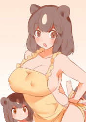 Rule 34 | 10s, 2others, 3girls, :o, animal ears, apron, bad id, bad pixiv id, bare shoulders, bear ears, bear girl, black hair, blush, bob cut, breasts, brown bear (kemono friends), brown eyes, child, chinese commentary, cleavage, collarbone, commentary request, covered erect nipples, dot nose, frilled apron, frills, from side, gradient background, hair between eyes, kemono friends, large breasts, looking at viewer, looking to the side, multicolored hair, multiple girls, multiple others, muted color, naked apron, open mouth, parted bangs, raised eyebrows, short hair, sideboob, simple background, sketch, solo focus, standing, surprised, sweatdrop, two-tone hair, tying apron, white hair, wide-eyed, yellow apron, yostxxx