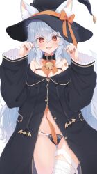 Rule 34 | 1girl, animal ear fluff, animal ears, bandaged leg, bandages, bell, between breasts, black coat, black nails, black panties, bow, breasts, chloette, coat, commentary request, cowboy shot, fang, fingernails, frilled sleeves, frills, grey hair, hair between eyes, hat, hat bow, highres, jingle bell, lace, lace panties, long hair, long sleeves, looking at viewer, medium breasts, nail art, nail polish, navel, neck bell, neck ribbon, orange bow, orange nails, orange ribbon, original, panties, red eyes, ribbon, sharp fingernails, sidelocks, skin fang, solo, thigh gap, thighs, tongue, tongue out, underwear, v-shaped eyebrows, very long hair, wavy hair, witch, witch hat