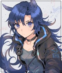 Rule 34 | 1girl, animal ear fluff, animal ears, arknights, black collar, black jacket, blue eyes, blue hair, breasts, collar, collarbone, commentary request, fang (arknights), grey background, grey shirt, highres, jacket, long hair, looking at viewer, noshima, open clothes, open jacket, shirt, small breasts, solo, tail, upper body, very long hair