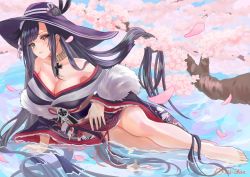 Rule 34 | 1girl, absurdly long hair, artist name, azur lane, bare shoulders, black hair, black hat, black kimono, black sash, breasts, cherry blossoms, cleavage, cross, cross necklace, feather boa, full body, hat, highres, iron cross, japanese clothes, jewelry, kimono, long hair, looking at viewer, lying, michan127neko, necklace, off shoulder, official alternate costume, on side, outdoors, petals, peter strasser (azur lane), peter strasser (chronos&#039;s kalendae) (azur lane), sash, solo, sun hat, very long hair, water, yellow eyes