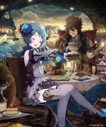 Rule 34 | 1boy, 1girl, :d, blue flower, blue hair, blue rose, blue scarf, blush, bread, brown eyes, brown gloves, brown hair, cake, champagne flute, closed eyes, cup, detached sleeves, dress, drinking glass, ezusuke, flower, food, gloves, grey dress, grey thighhighs, hair between eyes, hair flower, hair ornament, highres, open mouth, outstretched arms, pleated dress, rose, scarf, shingeki no bahamut, short dress, short hair, sitting, sleeveless, sleeveless dress, smile, spiked hair, sunset, thighhighs, zettai ryouiki
