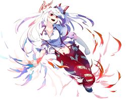 Rule 34 | 1girl, black footwear, blue fire, bow, breasts, collarbone, collared shirt, fire, fire, fujiwara no mokou, full body, hair bow, highres, ikurauni, long hair, midriff, navel, open clothes, open mouth, open shirt, pants, red eyes, red pants, shirt, shoes, short sleeves, simple background, solo, stomach, suspenders, teeth, torn clothes, torn sleeves, touhou, white background, white hair