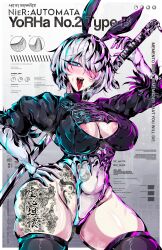 Rule 34 | 1girl, 2b (nier:automata), absurdres, animal ear headwear, animal ears, areola slip, artist name, black footwear, blue eyes, blush, boots, breasts, character name, cleavage, cleavage cutout, clothing cutout, covered erect nipples, covered navel, cowboy shot, defaultz, elbow gloves, english text, fake animal ears, feather-trimmed sleeves, female pubic hair, gloves, gradient background, grey hair, hair over one eye, hand on own hip, highres, katana, large breasts, leg tattoo, leotard, long sleeves, mole, mole under mouth, nier:automata, nier (series), pubic hair, rabbit ears, short hair, solo, stomach tattoo, sweat, sword, tattoo, thigh boots, tiger tattoo, tongue, tongue out, weapon, weapon on back, white gloves, white leotard