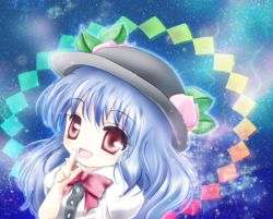 Rule 34 | 1girl, blouse, blue hair, bow, chibi, female focus, finger to face, food, fruit, hat, hinanawi tenshi, leaf, lightning, long hair, looking at viewer, open mouth, peach, red eyes, shirt, sky, solo, sparkle, star (sky), starry sky, touhou, tsukiori sasa