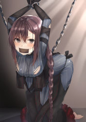 Rule 34 | 1girl, absurdres, anger vein, arm strap, arms up, black dress, black gloves, blush, bound, braid, braided ponytail, breasts, brown hair, center opening, chain, commission, cuffs, dress, elbow gloves, fate/grand order, fate (series), gag, gagged, gloves, gradient background, grey dress, grey eyes, highres, improvised gag, kneeling, layered dress, leaning forward, light rays, long hair, long sleeves, medium breasts, pixiv commission, restrained, ribbed dress, ribbon-trimmed dress, single braid, solo, tape, tape gag, torn clothes, torn dress, very long hair, yu mei-ren (fate), yu mei-ren (first ascension) (fate), yufou