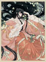 Rule 34 | 1girl, arm up, bamboo print, bare shoulders, black hair, blue background, border, breasts, brown border, cleavage, commentary, fingernails, flower, frilled sleeves, frills, grey eyes, hair spread out, hand on own forehead, head tilt, highres, holding, holding flower, houraisan chouko, houraisan kaguya, lips, long hair, long sleeves, nail polish, off-shoulder shirt, off shoulder, parted lips, petals, pink shirt, primrose (flower), reclining, red nails, red skirt, shirt, skirt, solo, striped, striped background, touhou, very long hair, wide sleeves