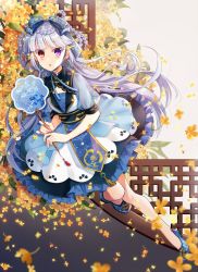 Rule 34 | 1girl, :o, blue bow, blue footwear, blush, bow, braid, commentary request, flower, frills, full body, hair bow, heterochromia, highres, holding, lolita fashion, long hair, looking at viewer, nekozuki yuki, original, parted lips, puffy short sleeves, puffy sleeves, purple eyes, qi lolita, red eyes, see-through, see-through sleeves, shoes, short sleeves, silver hair, solo, twitter username, very long hair, yellow flower