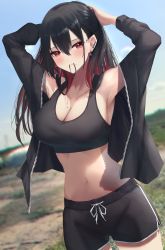 Rule 34 | 1girl, absurdres, amane sora, armpits, arms up, bare shoulders, black hair, black jacket, black shorts, black sports bra, blue sky, blurry, blurry background, blush, breasts, cleavage, closed mouth, commentary request, cowboy shot, crop top, day, dolphin shorts, drawstring, dutch angle, hair tie in mouth, highres, jacket, large breasts, long hair, looking at viewer, mole, mole on breast, mole under mouth, mouth hold, multicolored hair, navel, open clothes, open jacket, original, outdoors, red eyes, red hair, shadow, short shorts, shorts, sidelocks, sky, smile, solo, sports bra, standing, stomach, two-tone hair, tying hair, unzipped, zipper pull tab