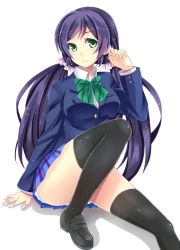 Rule 34 | 1girl, absurdres, arm at side, black footwear, black thighhighs, blazer, blue jacket, blue skirt, blush, bow, bowtie, breasts, closed mouth, foreshortening, green eyes, hair ornament, hair scrunchie, highres, invisible chair, jacket, knee up, loafers, long hair, long sleeves, love live!, love live! school idol project, low twintails, medium breasts, miu91 (miu91 ), parted bangs, plaid, plaid skirt, purple hair, school uniform, scrunchie, shoes, simple background, sitting, skirt, smile, solo, striped bow, striped bowtie, striped clothes, striped neckwear, tareme, thighhighs, thighs, tojo nozomi, twintails, very long hair, white background, wing collar
