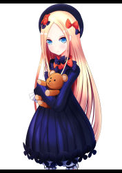 Rule 34 | 1girl, abigail williams (fate), bad id, bad pixiv id, black bow, black dress, black hat, blonde hair, bloomers, blue eyes, bow, bug, butterfly, closed mouth, commentary request, cowboy shot, dress, fate/grand order, fate (series), forehead, hair bow, hat, highres, hugging object, insect, karana (wisteria0413), letterboxed, long hair, long sleeves, looking at viewer, orange bow, parted bangs, polka dot, polka dot bow, simple background, sleeves past fingers, sleeves past wrists, solo, stuffed animal, stuffed toy, teddy bear, underwear, very long hair, white background, white bloomers