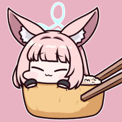 Rule 34 | 1girl, :3, animal ear fluff, animal ears, black gloves, blue archive, blue halo, blush stickers, chopsticks, closed eyes, closed mouth, food, fox ears, gloves, halo, jazz jack, niko (blue archive), pink background, pink hair, short hair, simple background, smile, solo, sushi
