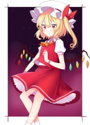 Rule 34 | 1girl, absurdres, ascot, blonde hair, border, bow, closed mouth, crystal, flandre scarlet, hair between eyes, hair bow, hat, highres, looking at viewer, mob cap, one side up, outside border, puffy short sleeves, puffy sleeves, purple background, red bow, red eyes, red skirt, red vest, saple, shirt, short sleeves, skirt, skirt set, sky, smile, socks, solo, star (sky), starry sky, touhou, vest, white border, white hat, white shirt, white socks, wings, wristband, yellow ascot