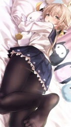 Rule 34 | 1girl, bed, blue archive, doll, hair ornament, halo, hifumi (blue archive), highres, light brown hair, long hair, low twintails, open mouth, panties, pantyhose, peroro (blue archive), ponpon nun, school uniform, solo, twintails, underwear, yellow eyes