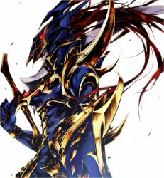 Rule 34 | 1boy, armor, black luster soldier, black luster soldier envoy of the beginning, blue eyes, duel monster, kanaria (fuusenkazura), long hair, male focus, over shoulder, profile, red hair, shield, simple background, solo, sword, weapon, weapon over shoulder, yu-gi-oh!, yu-gi-oh! duel monsters, yuu-gi-ou