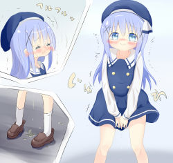 Rule 34 | 1girl, 22m, beret, between legs, blue background, blue hair, blue headwear, blue skirt, blue vest, blush, brown footwear, closed eyes, closed mouth, embarrassed, female focus, gochuumon wa usagi desu ka?, hair ornament, hairclip, hand between legs, hat, have to pee, japanese text, kafuu chino, long hair, long sleeves, multiple views, nose blush, own hands together, peeing, peeing self, school uniform, shirt, shoes, simple background, skirt, socks, standing, translation request, trembling, uniform, v arms, vest, wavy mouth, wet, wet clothes, white legwear, white shirt, x hair ornament