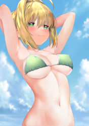 Rule 34 | 1girl, ahoge, armpits, arms behind head, arms up, bare shoulders, bikini, blonde hair, blue sky, blush, braid, breasts, cleavage, collarbone, fate/extra, fate (series), french braid, green bikini, green eyes, hair between eyes, hair bun, hair intakes, highres, large breasts, long hair, looking at viewer, nero claudius (fate), nero claudius (fate) (all), nero claudius (fate/extra), sabi (rupf2384), single hair bun, sky, smile, solo, swimsuit