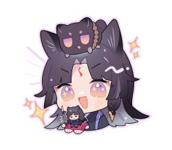 Rule 34 | 1girl, animal ear fluff, animal ears, arknights, black hair, black kimono, chibi, commentary request, cropped torso, dog ears, eyeamaisu, facial mark, fingerless gloves, forehead mark, gloves, hands up, highres, japanese clothes, kimono, long hair, naginata, on head, outline, parted bangs, pink outline, polearm, purple eyes, red gloves, saga (arknights), simple background, sparkle, sparkling eyes, upper body, v-shaped eyebrows, weapon, white background