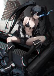 Rule 34 | 1girl, absurdres, bare shoulders, belt, bikini, bikini top only, black bikini, black choker, black footwear, black gloves, black hair, black jacket, black rock shooter, black rock shooter (character), black shorts, blue eyes, boots, breasts, brick wall, cannon, choker, chromatic aberration, closed mouth, collarbone, double-parted bangs, dutch angle, expressionless, flaming eye, front-tie bikini top, front-tie top, gloves, hair between eyes, halterneck, high heel boots, high heels, highres, jacket, knee boots, long hair, long sleeves, looking at viewer, midriff, navel, off shoulder, open clothes, open jacket, pale skin, platform boots, platform footwear, scar, short shorts, shorts, sidelocks, sitting, sleeves past wrists, small breasts, solo, spread legs, swimsuit, tokyo (1421), twintails, very long hair, white belt, zipper, zipper pull tab