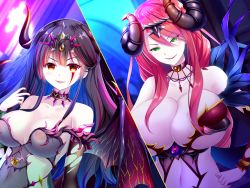 Rule 34 | 2girls, bare shoulders, blurry, blurry background, breasts, chikubi (artist), closed mouth, collar, demon girl, demon horns, demon wings, diana (ingoku no himekishi shimai), elbow gloves, feathers, female focus, game cg, gloves, green eyes, hair ornament, hair over one eye, hair over shoulder, hand on own hip, hand up, horns, huge breasts, impossible clothes, indoors, ingoku no himekishi shimai: orc no kachiku naedoko, large breasts, looking at viewer, multicolored hair, multiple girls, muriel (ingoku no himekishi shimai), nail polish, navel, nipples, orange eyes, original, parted lips, red hair, red nails, revealing clothes, see-through, smile, two-tone hair, upper body, wings, zion (company)