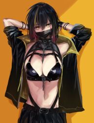 Rule 34 | 1girl, arms behind head, arms up, belt, black gloves, black hair, black jacket, black mask, black skirt, blonde hair, bra, breasts, chain, chain between breasts, chain leash, collar, colored tips, cowboy shot, facial mark, fingerless gloves, gloves, hair between eyes, highres, jacket, large breasts, leash, looking at viewer, mask, medium hair, mouth mask, multicolored hair, open clothes, open jacket, original, pleated skirt, red hair, sanpaku, skirt, stomach, streaked hair, takagi (takag1 k2), underwear, wristband, yellow background, yellow eyes