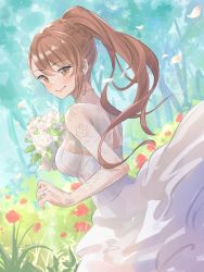 Rule 34 | 1girl, beatrix (granblue fantasy), blush, bouquet, braid, breasts, bridal gauntlets, bride, brown eyes, closed mouth, commentary request, day, dress, earrings, flower, from side, glint, granblue fantasy, highres, holding, holding bouquet, jewelry, long hair, looking at viewer, looking to the side, medium breasts, outdoors, petals, ponytail, renzu (lens 02), ring, rose, single sidelock, smile, solo, stud earrings, wedding band, wedding dress, white dress, white flower, white rose
