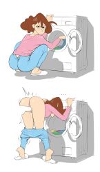 Rule 34 | 1girl, absurdres, ass, blush, clothes pull, crayon shin-chan, highres, leaning forward, nohara misae, pants, pants pull, pussy juice, sex, sex from behind, slippers, squatting, staerk, vaginal, washing machine